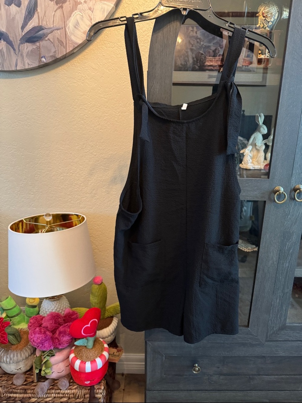 Source Unknown Black Women's Shorts Romper with Tied Shoulder Straps